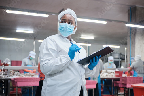 Portrait of African American female factory supervisor examines quality control, inspection, and monitors fish chopping, and food production in chilled distribution seafood warehouse manufacturing.