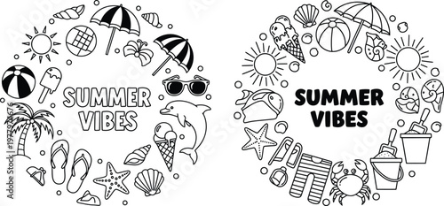 Summer Vibes Beach Icon Doodle Wreath Collection
