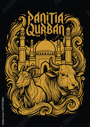 Vector illustration of the Qurban committee to welcome Eid al-Adha, there are pictures of cows and goats for Qurban