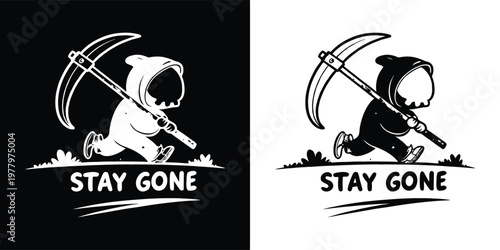 A charming yet ominous cartoon grim reaper character, cloaked and carrying a scythe, runs purposefully with the striking 'Stay Gone' text.