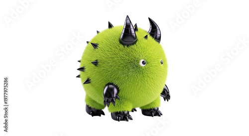 Furry green monster with black spikes and horns