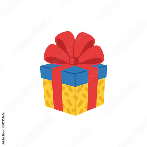 Gift box with red ribbon and bow, yellow pattern