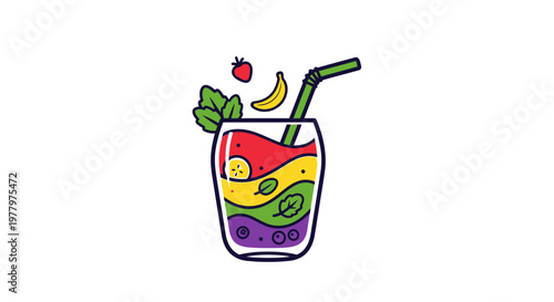 Vibrant layered fruit smoothie in a glass with straw and garnishes.