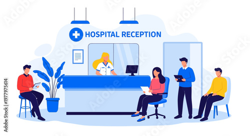 Hospital reception, medical office, healthcare illustration, clinic desk, patient waiting area, vector graphics
