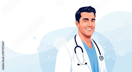 Medical professional, doctor, cartoon character, smiling physician, white coat