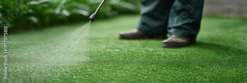 Careful person spraying lawn grass with water or chemical liquid for gardening maintenance outdoor making sure yard remains healthy and vibrant during daytime work