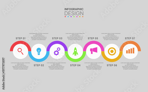 Seven Steps Business Process Timeline Infographic Template with Colorful Wave Line and Flat Icons.