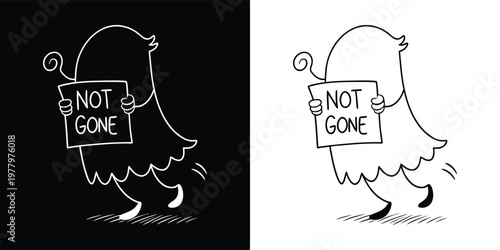 Stylized bird character holding a "not gone" sign, symbolizing continued presence or resilience in a changing digital landscape.