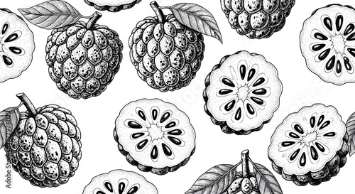 Vintage engraved custard apple seamless pattern with whole fruits and cross sections botanical hand drawn vector illustration isolated on white background