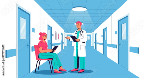 Medical professionals, doctor and patient, hospital corridor, healthcare scene, vector illustration
