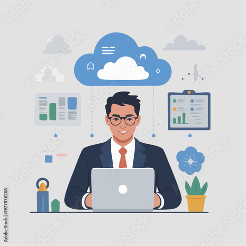 Businessman working on laptop with cloud computing icons and office su