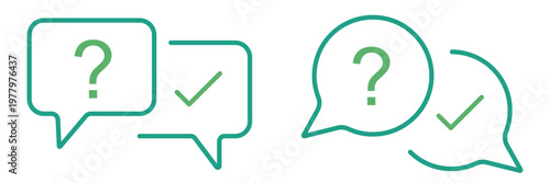 Chat bubble question and answer icons vector, speech bubbles with question mark and check mark symbols, customer support and FAQ concept, minimal outline design for UI and communication