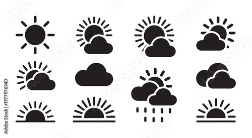 Sun and cloud weather symbols collection showing various sky conditions and daylight phases.