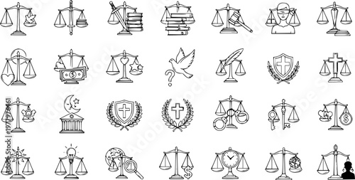 Hand Drawn Scales of Justice Doodle Icons Set. Various symbols illustrating Law, Balance, Equity, Religion, and other diverse concepts. Black and white vector illustrations.
