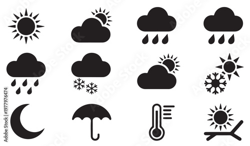 Climate icons collection with sun rain clouds snow moon umbrella and thermometer graphics.