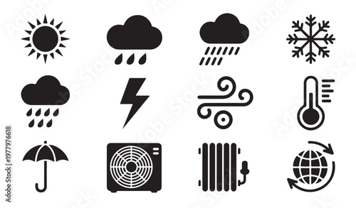 Air conditioning and climate control icon set with weather symbols and heating appliances.