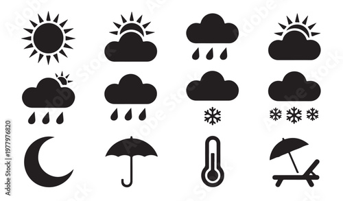 Weather forecast icon set including sun rain cloud snow storm moon umbrella thermometer and chair.