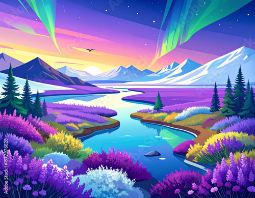 Tundra awakening lichen carpets unfurling colorful spore banners linking permafrost melt pools to migratory bird return formations, subtle aurora glow lighting, awakening lavender violets, carpet bann