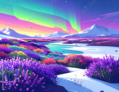 Tundra awakening lichen carpets unfurling colorful spore banners linking permafrost melt pools to migratory bird return formations, subtle aurora glow lighting, awakening lavender violets, carpet bann