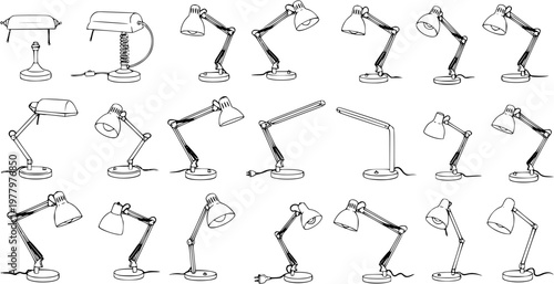 Detailed black and white line art illustrations of various desk lamps, showcasing different styles like swing arm, LED, and traditional designs.