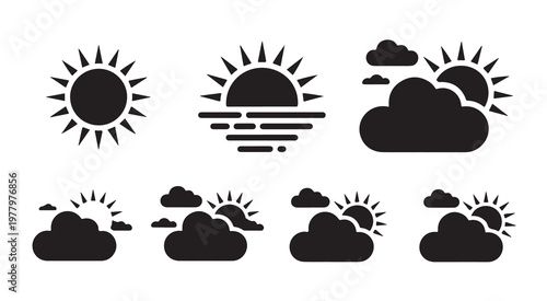 Sunset and sunrise icon set featuring sun clouds and horizon vector illustration.