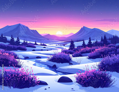 Tundra awakening lichen carpets unfurling colorful spore banners linking permafrost melt pools to migratory bird return formations, subtle aurora glow lighting, awakening lavender violets, carpet bann