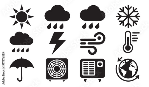 Weather icon collection featuring sun rain cloud lightning wind thermometer umbrella and climate control.