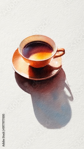 Warm Orange Coffee Cup With Dark Rich Brew And Deep Shadow On Textured White Surface