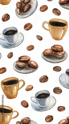Watercolor Coffee Beans and Cups Pattern on White Background Morning Beverage Illustration