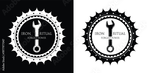 Rugged mechanical wrench and cogwheel logo with 'Iron Ritual Forged Power' text, perfect for vintage industrial or workshop branding.