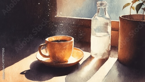 Warm Yellow Coffee Cup And Saucer Bathed In Sunlight Next To A Water Bottle And Plant Pot