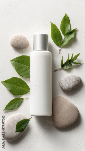 White Cosmetic Bottle Surrounded By Green Leaves And Smooth Stones On Textured White Background