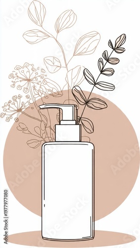 White Pump Bottle With Delicate Botanical Line Drawing On Soft Peach Circle Background