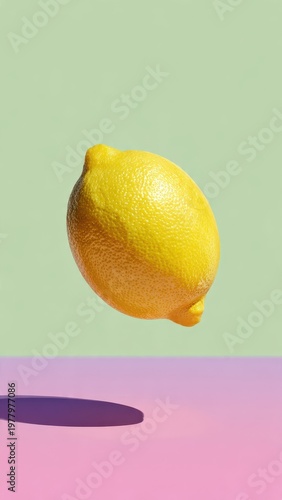 Yellow Lemon Floating Mid Air Against Pastel Green and Pink Background with Dramatic Shadow
