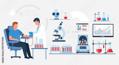 Medical research, blood test, laboratory equipment, healthcare vector illustration