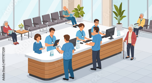 Hospital reception, medical office, healthcare workers, patient registration desk, clinic waiting area