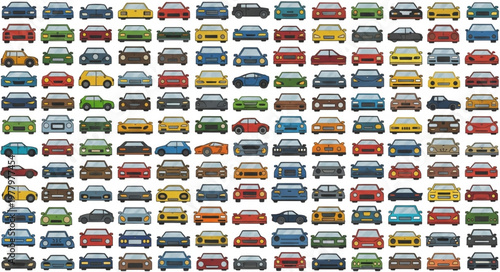 Collection of colorful cars arranged in a grid pattern.