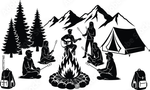 Camping friends around campfire in forest mountains, roasting marshmallows, guitar music, tent and backpacks, outdoor adventure, nature relaxation, companionship