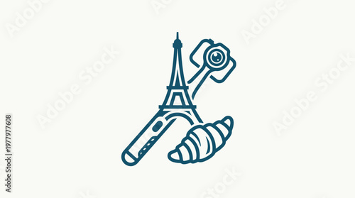 Minimalist Paris Icon Set Eiffel Tower Croissant and Key