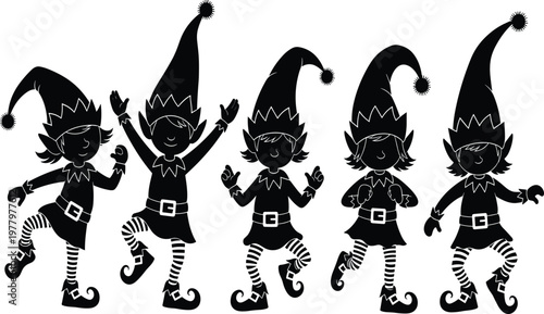 Cartoon elf silhouettes dancing, festive holiday celebration, pointed hats, striped leggings, curled shoes, Christmas characters, whimsical poses, seasonal illustration design