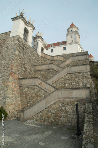 Architectural detail of Bratislava Castle with monumental stone stairs and Baroque gates, Slovakia