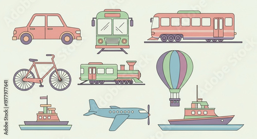 Collection of various transportation vehicles and modes of travel.