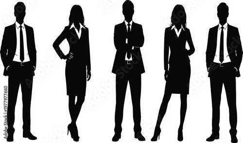 Business professional silhouettes, corporate team members, formal attire, confident poses, suits and skirts, organizational concept, leadership, teamwork, office illustration