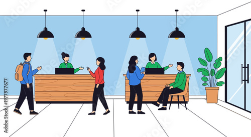 Modern office reception area, people interacting at wooden desk, minimalist interior design, blue wall, corporate workspace vector illustration