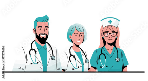 Medical professionals, doctors, nurses, healthcare workers, vector illustrations, blue scrubs, stethoscopes, smiling faces, modern cartoon style, editable graphics, 3 characters, hospital