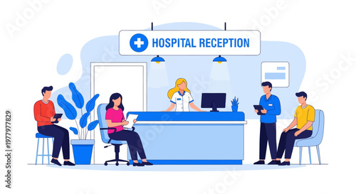 Hospital reception desk, medical office illustration, healthcare waiting area, blue color scheme, vector graphics