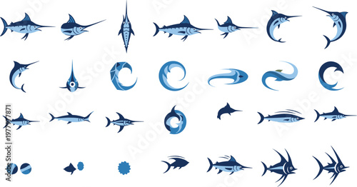 Marlin and Swordfish Vector Set with Ocean Predator Fish Icons Isolated on White Background