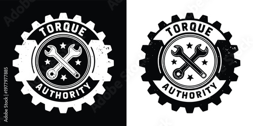 This vintage-inspired logo design showcases crossed wrenches, stars, and the text torque authority within a distressed gear shape.