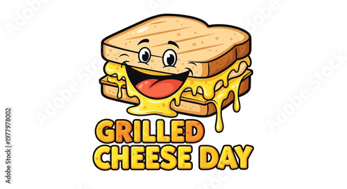 A cheerful cartoon grilled cheese sandwich with melting cheese dripping, celebrates Grilled Cheese Day in a vector illustration with golden toasted bread, ideal for a tasty comfort meal