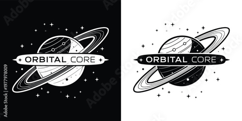 Stylish graphic design featuring a planet with rings and the text orbital core in black and white vector art style